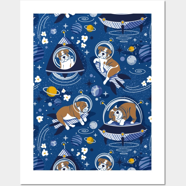 Intergalactic doggie dreams // pattern // classic blue background white and bronze English Bulldogs goldenrod yellow denim and pastel blue planets and space ships Wall Art by SelmaCardoso